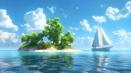 Wall Mural - Colorful 3D Cartoon Sailboat Anchored Near Secluded Island - Tropical Paradise Illustration with Copy Space