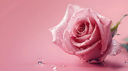 Poster - Pink rose on a pink background with water droplets. Copy space.