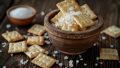 Wall Mural - Salty cracker and sea salt in a pot on a dark wooden background