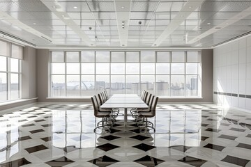 Wall Mural - Modern dining area with checkerboard flooring sleek furniture and bright lighting creating a stylish and vibrant space