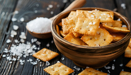 Wall Mural - Salty cracker and sea salt in a pot on a dark wooden background