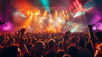 Large outdoor music festival at night with live concert