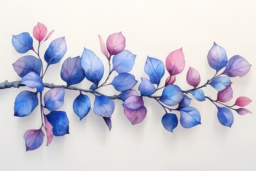 Wall Mural - A blue and pink leafy branch with a white background