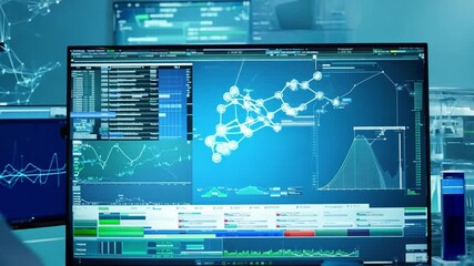 Poster - A man in a white lab coat sits in front of a computer screen, analyzing data that is displayed as a complex network of interconnected nodes and graphs, 4K AI footage