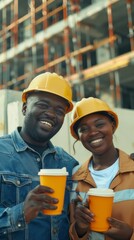 Aufkleber - Two construction workers are smiling and holding cups of coffee