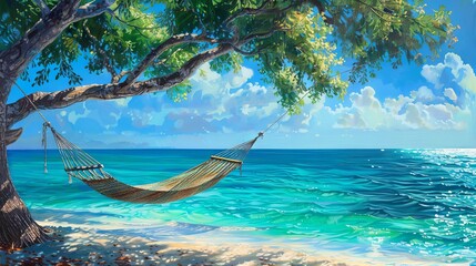 Wall Mural - Beach holiday concept in the form of a hammock near the ocean	