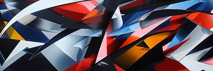 Sticker - This abstract image features a dynamic composition of geometric shapes in vibrant colors. The interplay of red, blue, white, and yellow creates a sense of movement and energy, symbolizing creativity, 