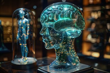 Poster - A brain model is displayed in a glass case next to a human figure