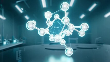 Poster - A blue, glowing molecular structure floats above a table in a modern lab setting, 4K AI footage