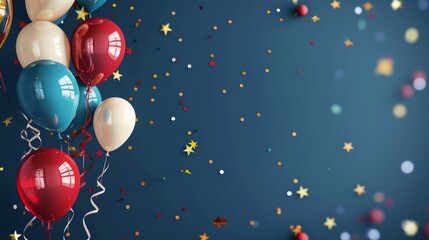 Sticker - A cluster of vibrant balloons in red, blue, and white float against a blue background, adorned with festive confetti. This image symbolizes celebration, joy, festivity, and a happy occasion.