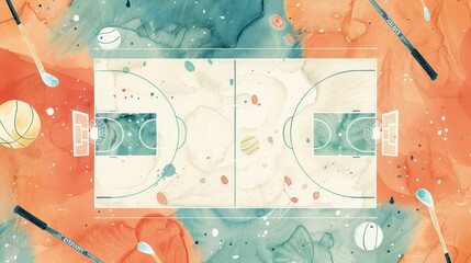 Sticker - This image depicts a basketball court with watercolor splatter effect. The image symbolizes sports, competition, teamwork, creativity, and abstract art.