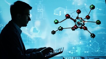 Poster - A man in a dark suit and glasses works on a laptop, with a blue background featuring digital patterns and a 3D molecular structure model, 4K AI footage