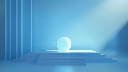 Sticker - A simple and elegant product display with a blue background, white steps and a glass sphere symbolizing purity, clarity, minimalism, product presentation, and clean design.