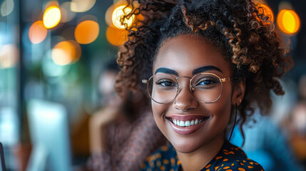 Poster - Happy Young African American Office Worker Smiling at Computer in Diverse Team, Bright Office Setting, Collaborative Work Environment, Daytime, Positive Team Dynamics