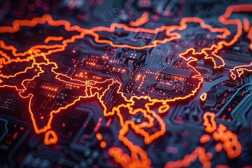 Poster - A computer generated map of Asia with orange lines