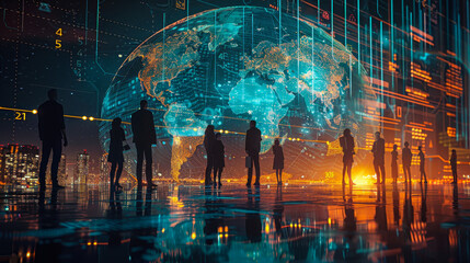 Poster - 3d tech illustration of businesspeople analyzing global data analytics tool at sunset with digital w