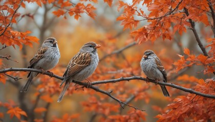 Wall Mural - Charming sparrows perched on a branch amid vibrant autumn leaves in a tranquil forest