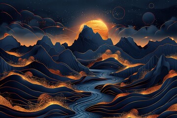 Wall Mural - A mountain range with a river running through it and a large sun in the sky