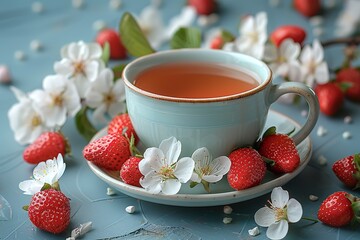 Wall Mural - A blue cup with a white flower on it is filled with tea