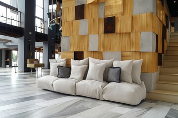 Wall Mural - Cozy seating area with neutral tones soft lighting and wooden accents creating a warm and inviting space