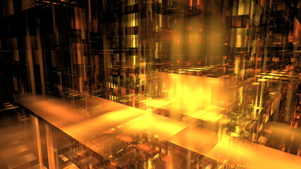Poster - Bright, golden abstract structures pulsate in a vibrant digital setting, creating an immersive atmosphere filled with energy and innovation. 3d render
