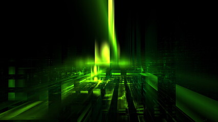 Fototapete - Vibrant green light waves travel through a dark digital space, creating an intricate and abstract visual experience with layered patterns. 3d render