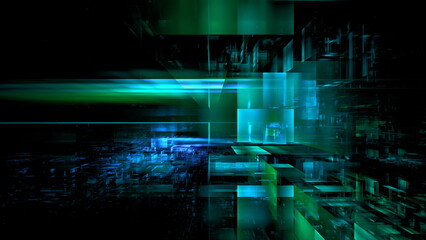 Fototapete - Captivating arrangement of geometric shapes in various shades of green and blue, creating a dynamic visual effect against a dark backdrop, evoking a sense of modern digital art. 3d render