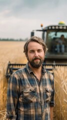 Poster - A man with a beard and a plaid shirt stands in a field next to a tractor