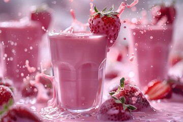 Wall Mural - A glass of pink liquid with a strawberry on top