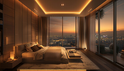 Canvas Print - Modern luxury hotel bedroom with large windows