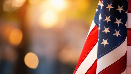 American flag waving in the wind with a blurred city background at sunset.