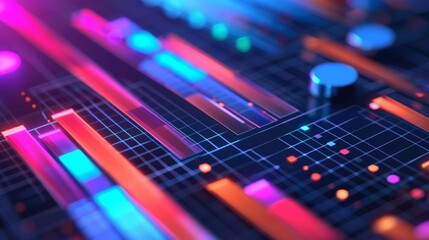 Canvas Print - A close-up shot of a neon grid with vibrant colors, representing concepts of digital innovation, progress, data visualization, technology advancement, and futuristic design.