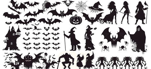 Wall Mural - Collection of halloween silhouettes icon and character., witch, creepy and spooky elements for halloween decorations, silhouettes, sketch, icon, sticker. Hand drawn vector illustration - Vector