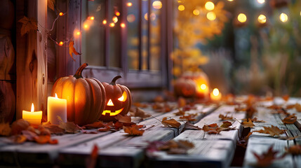 Wall Mural - Background with halloween pumpkins, candles and autumn leaves on the wooden house porch