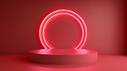 Sticker - A red podium with a glowing neon circle, symbolizing modern design, minimalism, product showcase, branding, and futuristic aesthetic.