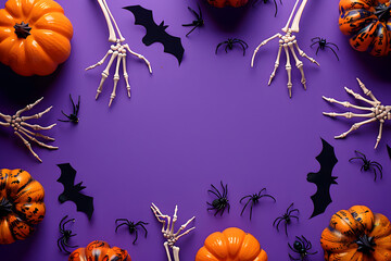 Wall Mural - Halloween decorations on purple background. Happy Halloween concept. Flat lay pumpkins, bony hands, bats silhouettes, spiders.