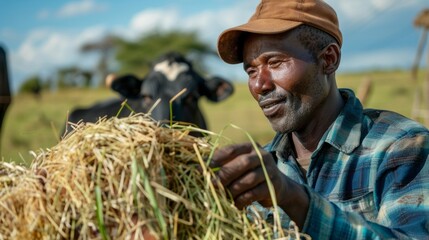 Poster - A man is feeding hay to a cow