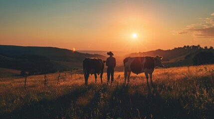 Poster - A man stands in a field with two cows