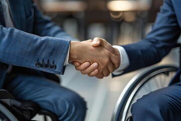 Wall Mural - close-up photo capturing a handshake between a businessman and his colleague in a wheelchair, symbolizing corporate collaboration and diversity in the workplace.