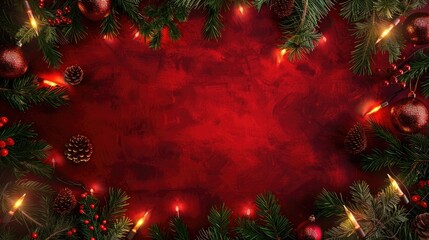 Wall Mural - nostalgic winter or christmas frame with electric bulb fir tree branches and ornaments
