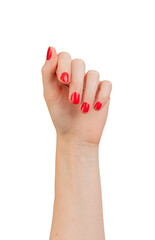 Wall Mural - Closeup of a womans hand with manicured red nails and elegant polish, isolated on a white background. The hand, with its fingers raised and stretching, showcases a neat and