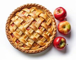 A pie with a lattice crust sits on a table with two apples