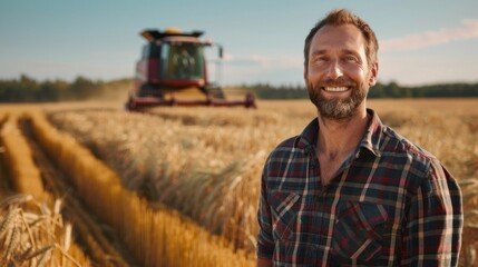 Poster - A man is smiling in front of a combine harvester
