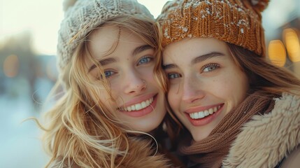 Two young women, smiling and looking at the camera, dressed in warm winter clothing with knit hats and scarves, capturing a moment of joy in a snowy outdoor setting.