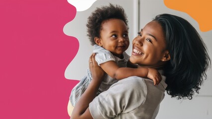 Wall Mural - A woman holding a baby in her arms with pink and orange background, AI