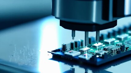 Poster - An automated machine with multiple probes inspects a circuit board during the manufacturing process.