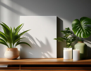 A blank white Canvas,  house plants and burning candles on commode in the modern living room