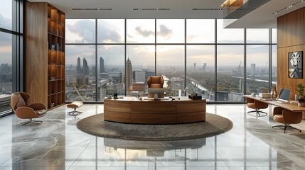 Poster - modern office interior overlooking city skyline during late afternoon with spacious design and natur