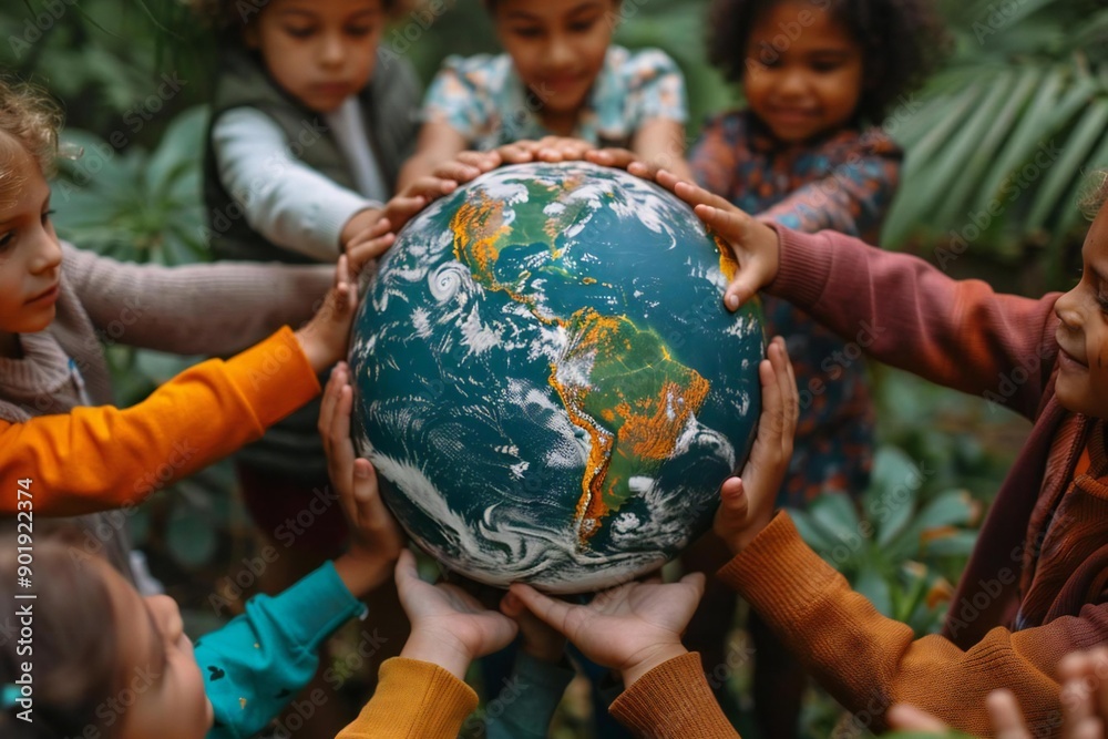 diverse group of children holding hands around a globe, symbolizing ...