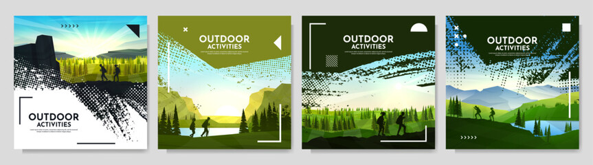 Wall Mural - Vector illustration. Travel concept of discovering, exploring and observing nature. Hiking. Adventure tourism background with brush stroke smear overlay, halftone dots and memphis pattern elements